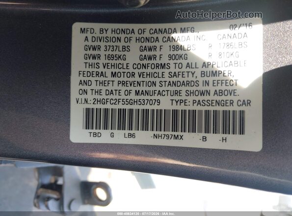 2HGFC2F55GH537079 2016 HONDA CIVIC Gray Widok komory silnika