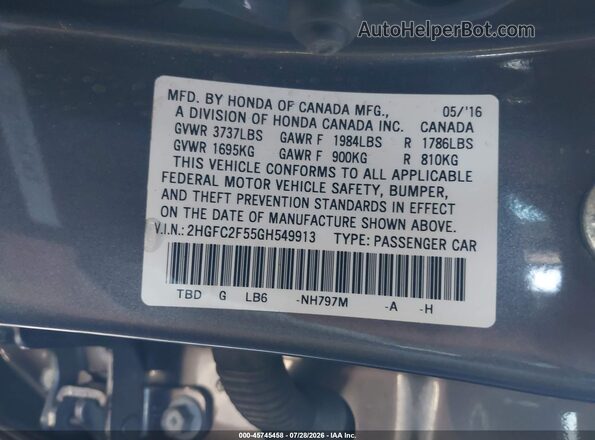 2HGFC2F55GH549913 2016 HONDA CIVIC Gray Vista del compartimento del motor