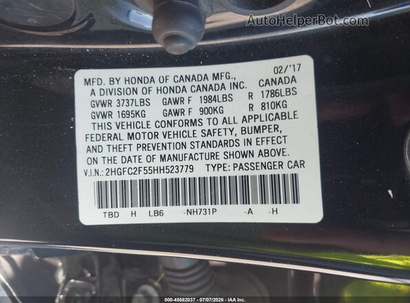 2HGFC2F55HH523779 2017 HONDA CIVIC Черный Вид подкапотного пространства