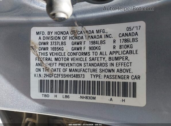 2HGFC2F55HH548973 2017 HONDA CIVIC Серебряный Вид подкапотного пространства