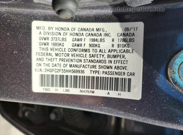 2HGFC2F55HH569936 2017 HONDA CIVIC Gray VIN sticker view