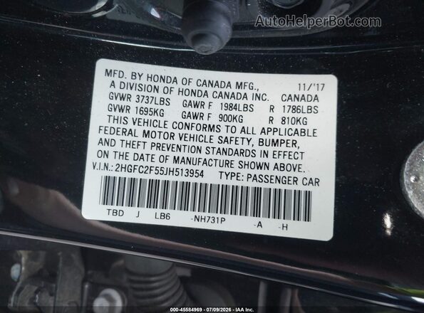 2HGFC2F55JH513954 2018 HONDA CIVIC Черный Вид подкапотного пространства