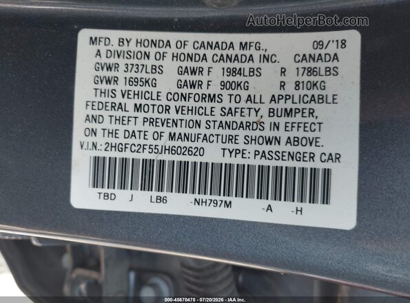 2HGFC2F55JH602620 2018 HONDA CIVIC Gray Engine compartment view