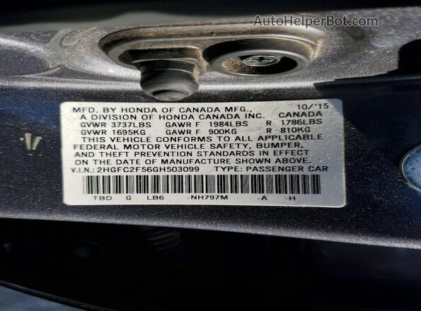 2HGFC2F56GH503099 2016 HONDA CIVIC Gray Widok naklejki z numerem VIN