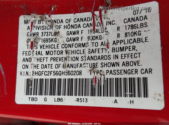 2HGFC2F56GH560208 2016 HONDA CIVIC Red Vista del compartimento del motor