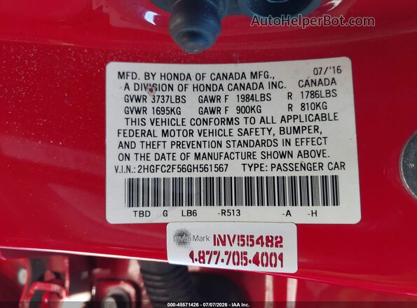 2HGFC2F56GH561567 2016 HONDA CIVIC Red Вид підкапотного простору