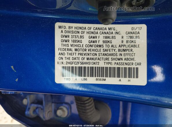 2HGFC2F56HH513472 2017 HONDA CIVIC Blue Widok komory silnika