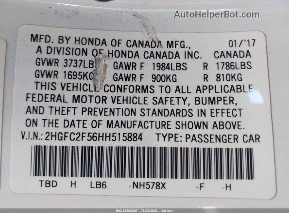 2HGFC2F56HH515884 2017 HONDA CIVIC White Вид підкапотного простору