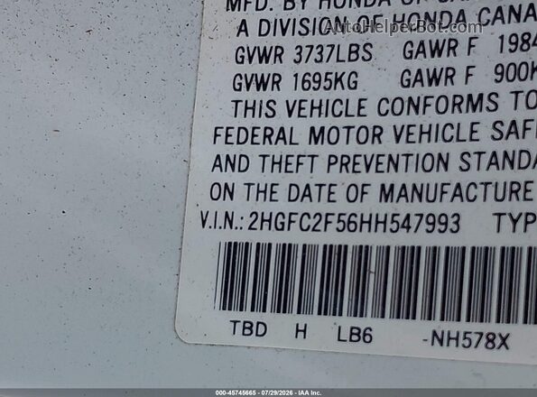 2HGFC2F56HH547993 2017 HONDA CIVIC White Շարժիչի բաժամունքի տեսք