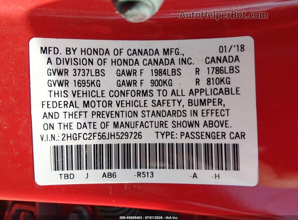 2HGFC2F56JH529726 2018 HONDA CIVIC Red Vista del compartimento del motor