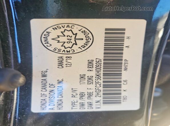 2HGFC2F56KH009267 2019 HONDA CIVIC Black VIN კოდის სტიკერის ხედი