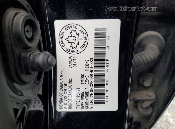 2HGFC2F56KH012380 2019 HONDA CIVIC Black Engine compartment view