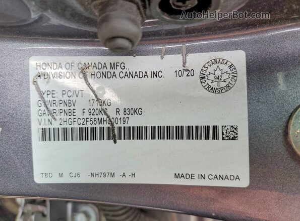 2HGFC2F56MH000197 2021 HONDA CIVIC Gray ძრავის განყოფილების ხედი