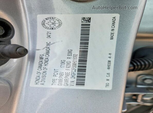 2HGFC2F56MH016092 2021 HONDA CIVIC Silver VIN კოდის სტიკერის ხედი