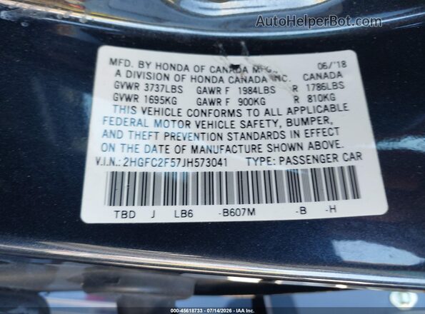 2HGFC2F57JH573041 2018 HONDA CIVIC Blue Вид підкапотного простору