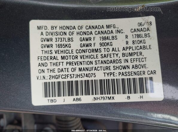 2HGFC2F57JH574075 2018 HONDA CIVIC Gray Engine compartment view