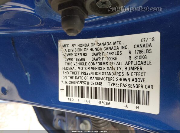 2HGFC2F57JH581348 2018 HONDA CIVIC Blue Engine compartment view