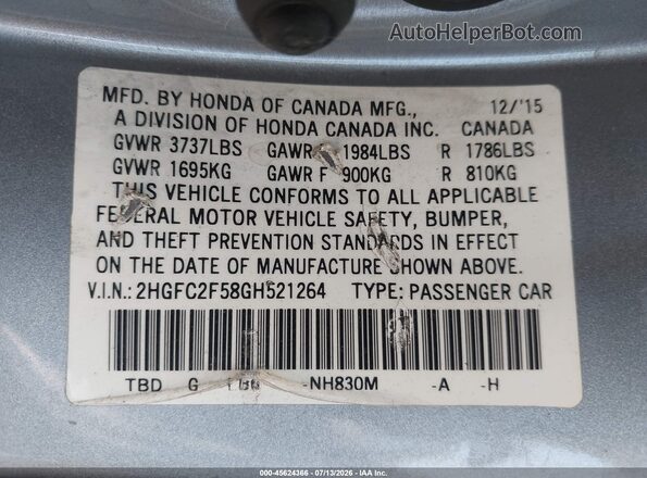 2HGFC2F58GH521264 2016 HONDA CIVIC Серебряный Вид подкапотного пространства
