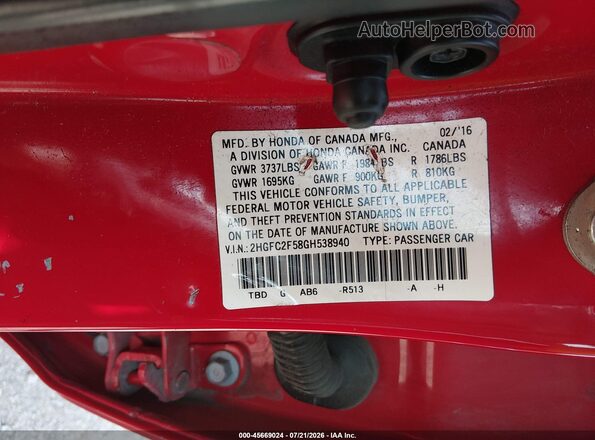 2HGFC2F58GH538940 2016 HONDA CIVIC Red ძრავის განყოფილების ხედი