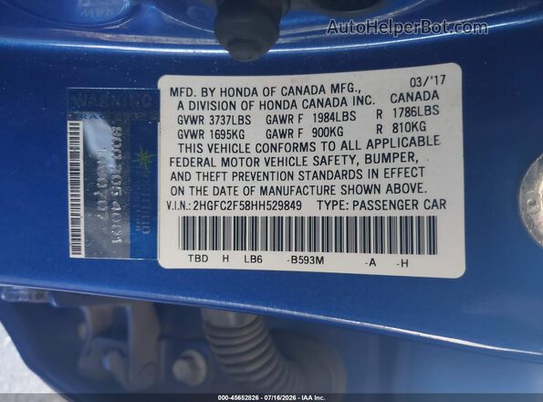 2HGFC2F58HH529849 2017 HONDA CIVIC Синий Вид подкапотного пространства