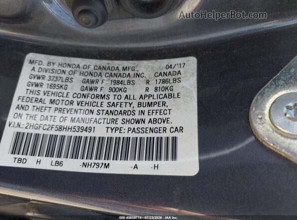 2HGFC2F58HH539491 2017 HONDA CIVIC Gray Vista del compartimento del motor