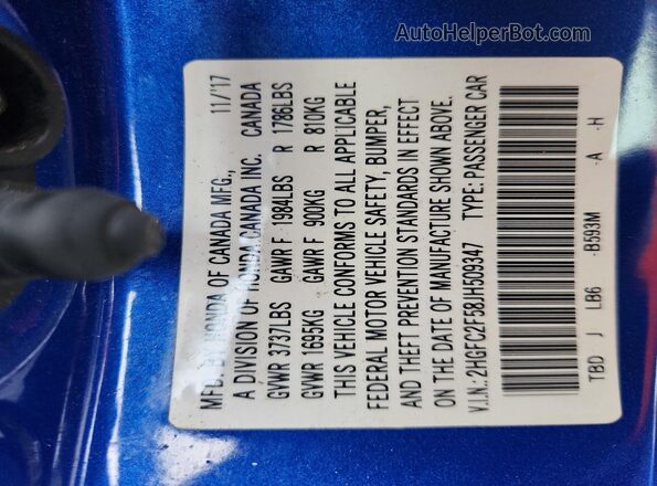 2HGFC2F58JH509347 2018 HONDA CIVIC Blue Vista del compartimento del motor