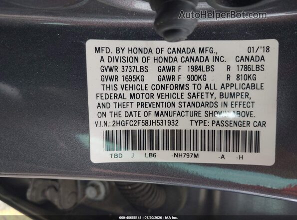 2HGFC2F58JH531932 2018 HONDA CIVIC Gray Շարժիչի բաժամունքի տեսք