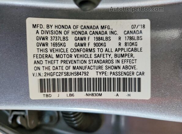 2HGFC2F58JH584792 2018 HONDA CIVIC Gray Շարժիչի բաժամունքի տեսք