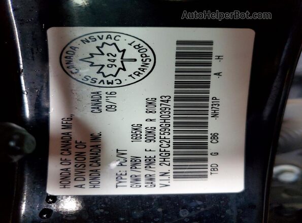 2HGFC2F59GH039743 2016 HONDA CIVIC Black Вид підкапотного простору