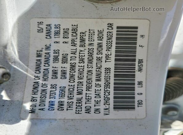 2HGFC2F59GH551938 2016 HONDA CIVIC White Вид наклейки з VIN-кодом