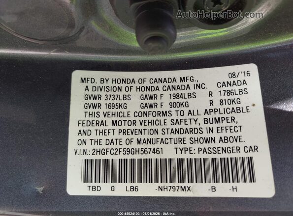 2HGFC2F59GH567461 2016 HONDA CIVIC Gray Widok komory silnika