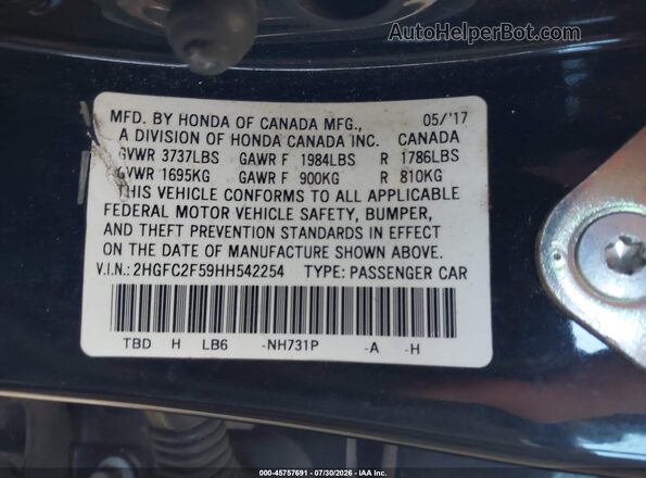 2HGFC2F59HH542254 2017 HONDA CIVIC Black Շարժիչի բաժամունքի տեսք