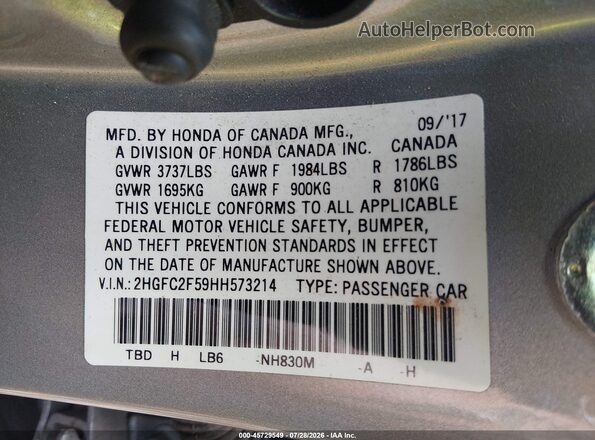 2HGFC2F59HH573214 2017 HONDA CIVIC Silver ძრავის განყოფილების ხედი