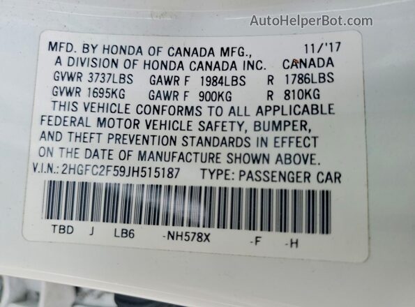 2HGFC2F59JH515187 2018 HONDA CIVIC Белый Вид подкапотного пространства