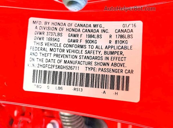 2HGFC2F5XGH526711 2016 HONDA CIVIC Red Widok naklejki z numerem VIN