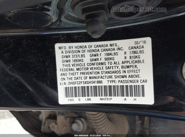 2HGFC2F5XGH541886 2016 HONDA CIVIC Black Vista del compartimento del motor
