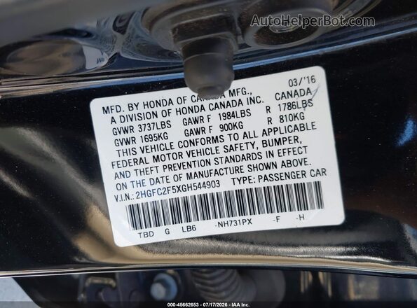 2HGFC2F5XGH544903 2016 HONDA CIVIC Black Widok komory silnika