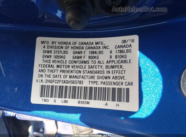 2HGFC2F5XGH565783 2016 HONDA CIVIC Blue Вид підкапотного простору