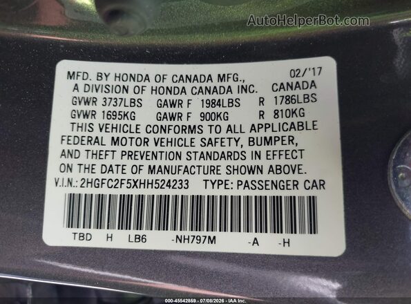 2HGFC2F5XHH524233 2017 HONDA CIVIC Серый Вид подкапотного пространства