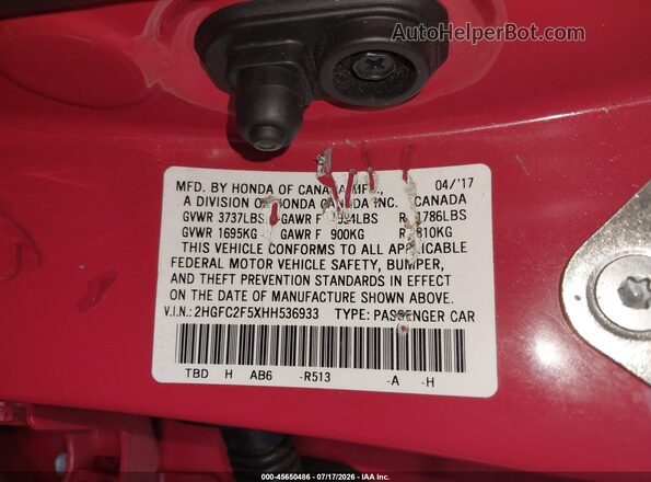 2HGFC2F5XHH536933 2017 HONDA CIVIC Красный Вид подкапотного пространства