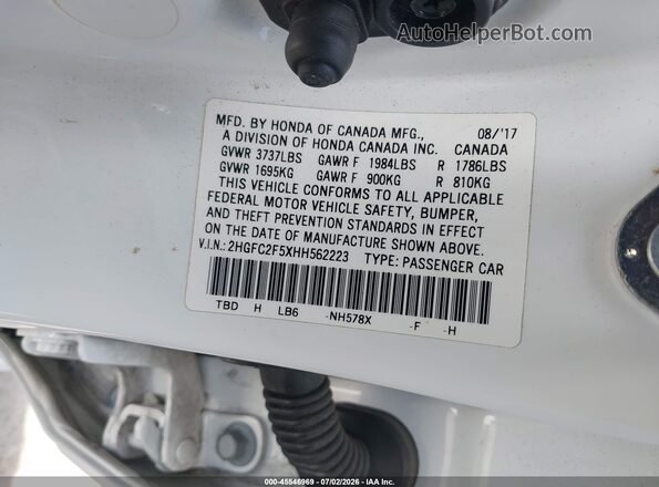2HGFC2F5XHH562223 2017 HONDA CIVIC White ძრავის განყოფილების ხედი
