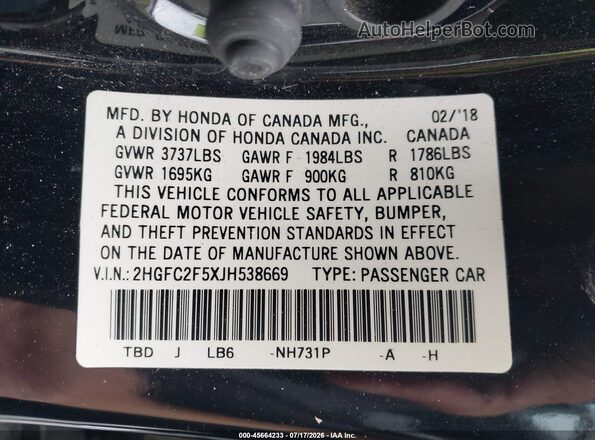 2HGFC2F5XJH538669 2018 HONDA CIVIC Black Widok komory silnika