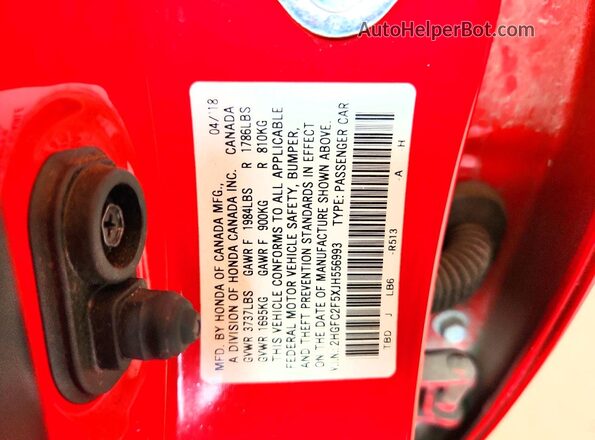 2HGFC2F5XJH556993 2018 HONDA CIVIC Red Շարժիչի բաժամունքի տեսք