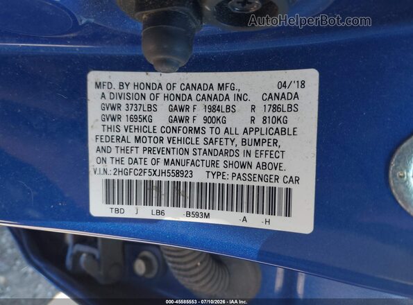 2HGFC2F5XJH558923 2018 HONDA CIVIC Blue ძრავის განყოფილების ხედი
