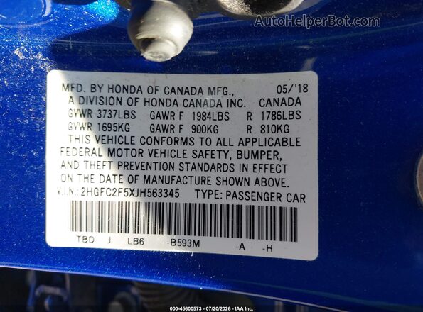 2HGFC2F5XJH563345 2018 HONDA CIVIC Синий Вид подкапотного пространства