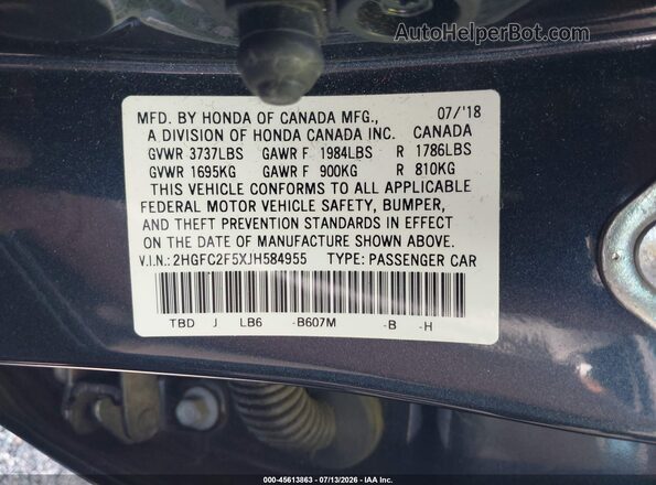 2HGFC2F5XJH584955 2018 HONDA CIVIC Черный Вид подкапотного пространства