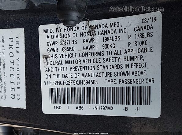 2HGFC2F5XJH594563 2018 HONDA CIVIC Gray ძრავის განყოფილების ხედი