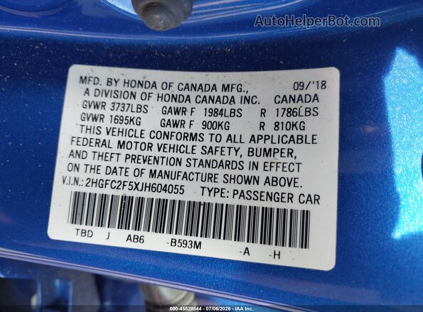2HGFC2F5XJH604055 2018 HONDA CIVIC Blue Вид підкапотного простору