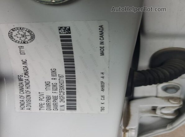 2HGFC2F5XKH037167 2019 HONDA CIVIC White VIN კოდის სტიკერის ხედი