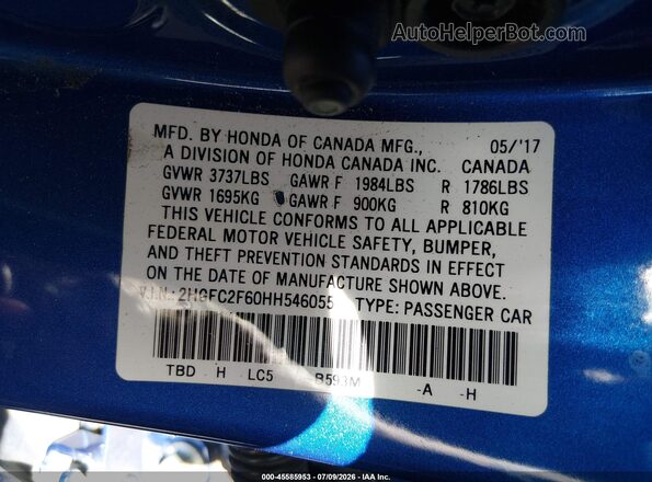 2HGFC2F60HH546055 2017 HONDA CIVIC Blue Engine compartment view